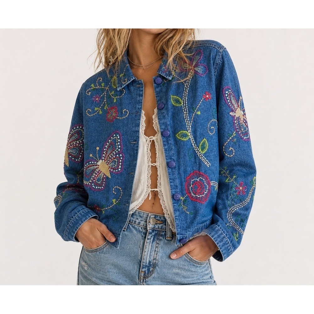 Parisian Works Petite L Denim Jacket Whimsigoth Butterfly Floral Dopamine Bloom